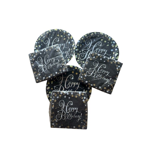 Happy Birthday Black Gold Silver 24 Plates (9") & 3 Packs Matching Napkins - Picture 1 of 5